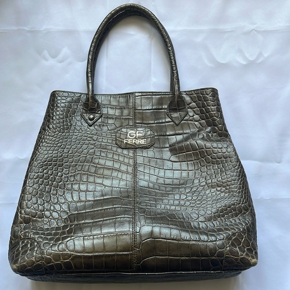 Gianfranco Ferre Croc Embossed Leather Tote - Picture 2 of 12